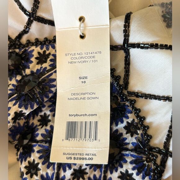 Tory Burch Madeline Gown Silk Ivory Black Navy Beaded Evening Gown Size 10 New - Picture 13 of 16